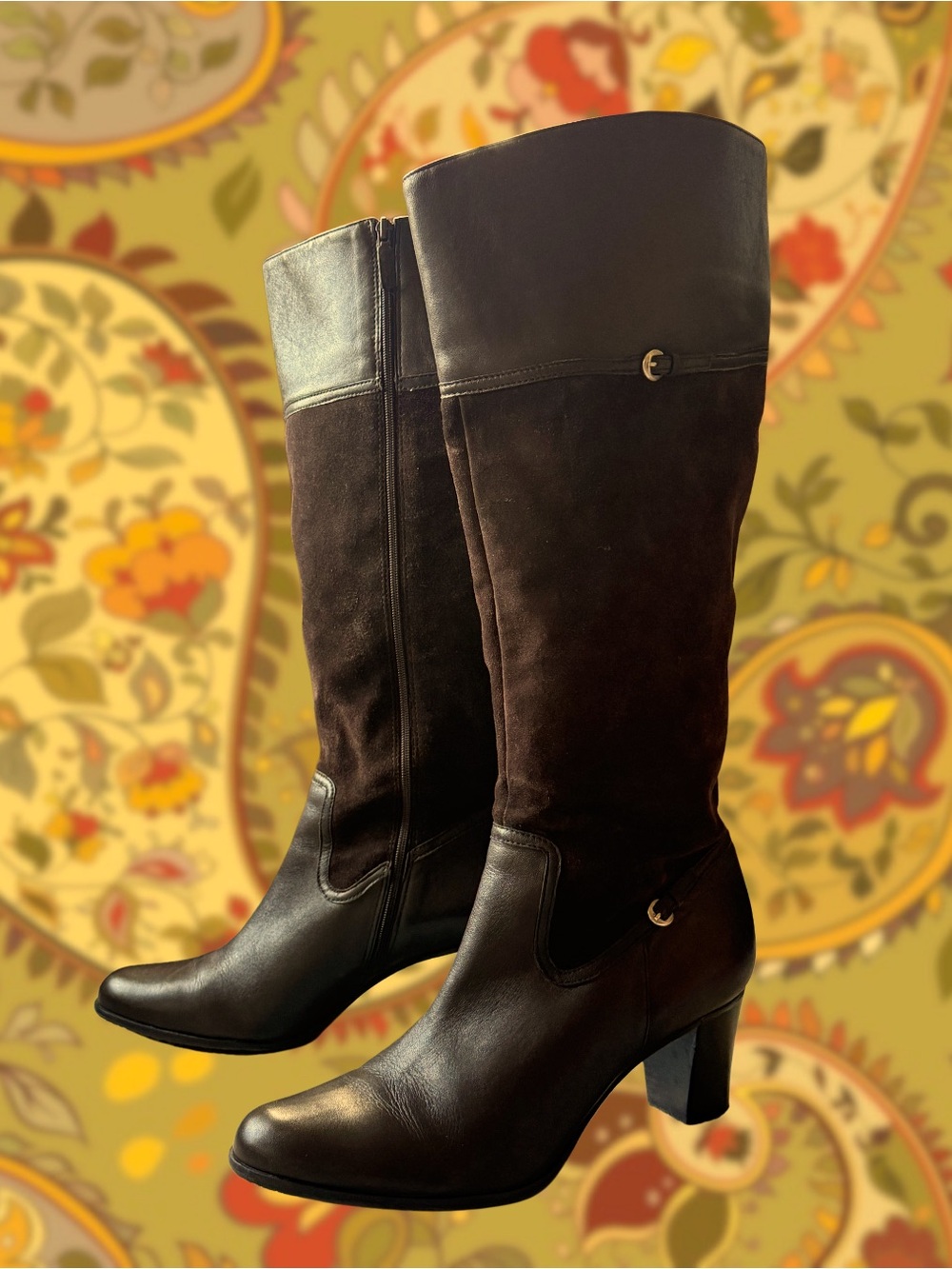 Women's Tall Brown Leather & Suede Block Heel Boots